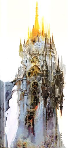 an artistic painting of a castle with lots of spires