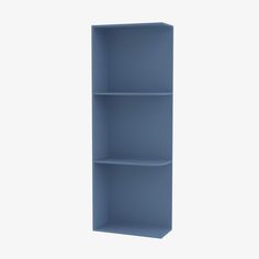 a blue bookcase with three shelves on each side and one shelf in the middle