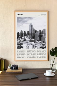 a black and white photo of a cityscape with the word dallas on it