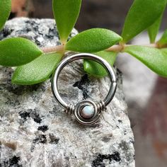 a close up of a ring on top of a rock with leaves in the background