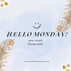 the words hello monday are written in black and white on a blue watercolor background