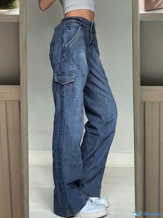 Orcajump - Blue High Waist Cargo Pants, Flap Pockets Loose Fit Vintage Style Wide Leg Denim Pants, Y2K Kpop Vintage Style, Women's Denim Jeans & Clothing Y2k Denim Bottoms With Pockets, Y2k Style Denim Blue Bottoms With Pockets, Y2k Denim Blue Bottoms With Pockets, Denim Blue Y2k Pants With Pockets, Y2k Denim Blue Flare Jeans With Pockets, Y2k Flare Jeans With Pockets In Denim Blue, Y2k Dark Wash Bottoms With Pockets, Y2k Denim Cargo Pants Full Length, Y2k Straight Leg Denim Bottoms