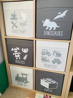 the children's playroom is filled with toys and storage bins for their favorite vehicles