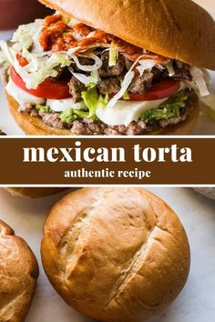 mexican torta sandwich with lettuce, tomato and cheese on it next to two buns