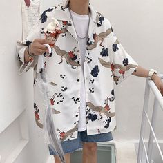 Wiaofellas Mens Crane Print Shirts Harajuku Summer Vintage Button Up Short Sleeve Shirts Male Korean Fashions Smooth Blouses Street Fashion Male, Crane Print, Harajuku Shirt, Green Turtleneck Sweater, Light Grey Suits, Cool Dude, Shirts Short Sleeve, A Outfit, Fashion Male