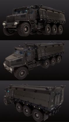 three different views of an army truck on a black background, with the front and back sides