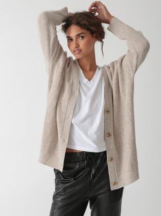 Our favorite slouchy cardigan in a luxuriously soft cashmere blend. The Everyday Cardigan features an oversized fit making it perfect for layering. You'll never want to take this one off. Fabric: 90% Wool, 10% Cashmere. Color-way: Oatmeal Heather. Model is 5'9" and wearing size small. Dry Clean Only. Cream Fine Knit Outerwear For Fall, Soft Texture Cardigan For Everyday Fall Wear, Versatile Soft Knit Cardigan For Everyday, Versatile Everyday Soft Knit Cardigan, Oversized Cozy Sweater Coat For Everyday, Cozy Oversized Sweater Coat For Everyday, Cozy Everyday Relaxed Fit Sweater Coat, Cozy Relaxed Fit Sweater Coat For Everyday, Neutral Cashmere Cardigan For Winter