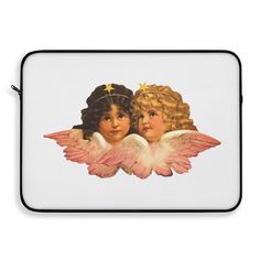 two girls with angel wings on a white laptop computer sleeve, both wearing crowns and tiaras