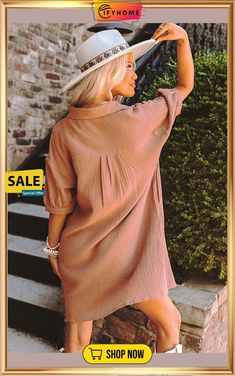 Brown Crinkle Textured Joint Bubble Sleeve Shirt Dress Casual Solid Wrinkled Dress, Casual Wrinkled Dress, Trendy Relaxed Fit Shirt Dress For Summer, Solid Wrinkled Dress For Spring, Spring Solid Wrinkled Dress, Casual Crinkle Texture Vacation Dress, Spring Solid Color Wrinkled Dress, Trendy Solid Color Shirt Dress For Summer, Casual Flowy Dress With Crinkle Texture