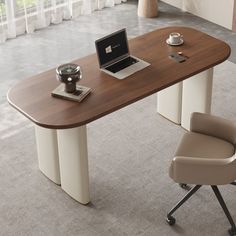 an office desk with a laptop on it and a chair in front of the desk