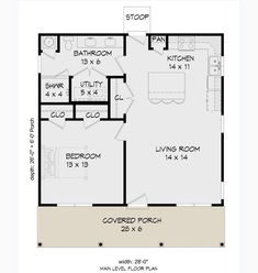 the floor plan for a small house with two bedroom and living room, including an attached bathroom