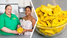 two women standing in front of a bowl of food