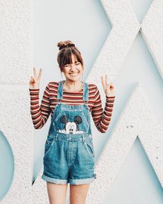 Cute denim shorts overalls outfit / disney world outfit Shorts Overalls Outfit, Cute Disney Outfits, Disney World Outfits, Disneyland Outfits, Overalls Outfit, Denim On Denim, Disney Day, Hipster Fashion, Disney Shirts