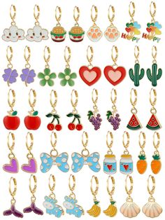 PRICES MAY VARY. Pack of 20 pairs small gold leverback earrings,Includes a variety of animals earrings, fruit earrings, Red heart earrings, Purple flower earrings, cherry earrings, mermaid tail earrings, beach earrings, watermelon earrings, food earrings,Blue bow earrings and so on Nice gifts for girls, teen girls, kids, litte girls on Birthdays, Christmas, New year or any other festivals. Material: High quality gold plated brass, hypoallergenic and nickel free, Good for Sensitive Ears. Mini sma Mermaid Tail Earrings, Hoop Earrings With Charm, Watermelon Earrings, Earrings Food, Red Heart Earrings, Earrings Beach, Nice Gifts, Cherry Earrings, Beach Earrings