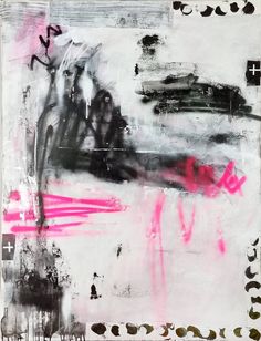 an abstract painting with black, pink and white colors