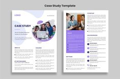 a purple and white case study brochure with two pages on the front, one is