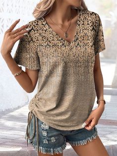 Product Title :Ethnic V Neck Casual T-ShirtSize Guide (CM) Tag size US Waist Length Shoulder Bust S 6-8 59.5 40.5 102 M 10 61 41.5 106 L 12 62.5 43.1 112 XL 14 64 44.7 118 XXL 16 65.5 46.3 124 Size Guide (Inch) Tag size US Waist Length Shoulder Bust S 6-8 23.4 15.9 40.2 M 10 24 16.3 41.7 L 12 24.6 17 44.1 XL 14 25.2 17.6 46.5 XXL 16 25.8 18.2 48.8 Product Details Decoration/Process: Shirred Clothes Length: Regular Sleeve Length: Short sleeve Edition type: Regular Fit Waistlines: Natural Elastici Mens Fashion Country, Grown Women, Easter Outfit, Winter Outfits Women, Casual T Shirt, Sweatshirt Dress, Ethnic Fashion, Color Khaki, Tshirts Online