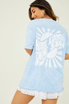 Here Comes The Sun Graphic Tee in Blue | Altar'd State Faded T-shirt For Summer Streetwear, Trendy Washed Tops For Summer, Oversized Bleached T-shirt For Summer, Trendy Bleached T-shirt With Relaxed Fit, Trendy Faded Bleached T-shirt, Summer Tops With Relaxed Fit, Summer Acid Wash T-shirt With Screen Print, Relaxed Washed Tops For Summer, Summer Washed Streetwear Tops