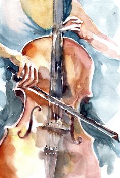 watercolor painting of a woman playing the violin with her hands and head tilted to the side