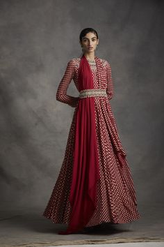 Bhumika Sharma-Red Bindu Print Anarkali With Belt-INDIASPOPUP.COM Dupatta With Saree, Dupatta With Belt, Anarkali With Belt, Bhumika Sharma, Red Anarkali, Anarkali With Dupatta, Stone Embroidery, Printed Anarkali, Latest Dress Design