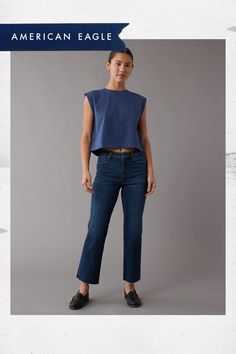 Stretch/Mid-weight structured denim with just enough stretch for everyday comfort/Holds its shape & won't bag out. Ever./Dark wash Dark Jeans, Cropped Jeans, Bootcut Jeans, Flare Jeans, Women's Jeans, American Eagle Outfitters, Womens Bottoms, American Eagle, Women Jeans