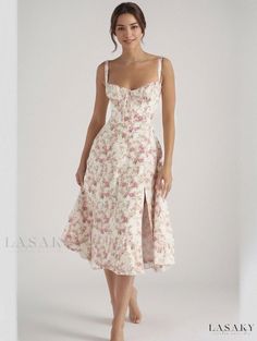 Lasaky - Chic Floral Pattern Camisole Dress Set Spring Sleeveless Midi Dress With Fitted Bodice, Feminine Sleeveless Dress With Spaghetti Straps For Day Out, Feminine Sleeveless Fitted Midi Dress, Feminine Fitted Sleeveless Dress For Garden Party, Fitted Sleeveless Dress With Spaghetti Straps For Garden Party, Feminine Fitted Sleeveless Dress With Floral Print, Feminine Sleeveless Summer Dress With Sweetheart Neckline, Spring Sleeveless Dress With Sweetheart Neckline, Feminine Spring Sleeveless Dress With Fitted Bodice