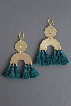 18k gold plated brass hook with brass and cotton tassels. Textile Earrings, Black Diamond Earrings Studs, Geode Jewelry, 14k Gold Hoop Earrings, Black Diamond Earrings, Blue Crystal Earrings, Tanah Liat, Hammered Hoop Earrings, Bar Stud Earrings