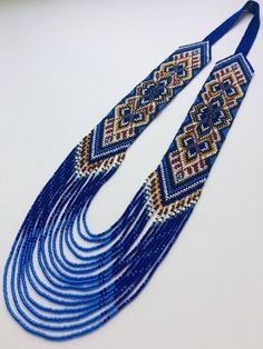 Ukrainian Necklace, Necklace Traditional, Beaded Earrings Patterns, Bead Embroidery Jewelry, Embroidery Jewelry, Earring Patterns, Beaded Necklaces, Hama Beads, Blue And Gold