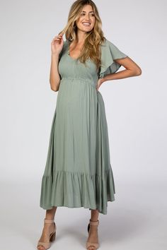 Light Olive Smocked V-Neck Maternity Midi Dress Light Green Maternity Dress, Maternity Sage Green Dress, Maternity Boho Dress, Summer Baby Shower Dress For Mom, Boy Baby Shower Dress For Mom, Sage Green Maternity Dress, Watermelon Clothes, Green Maternity Dress, Fall Maternity Dress