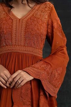 Orange crepe anarkali with dori and beaded embroidery. Comes with a dupatta. - Aza Fashions V Neck Anarkali, Anarkali With Dupatta, Women Kurta, Anarkali, Aza Fashion, Beaded Embroidery, Online Design, V Neck, Embroidery