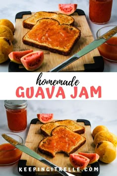 homemade guava jam on toasted bread with watermelon slices cut in half