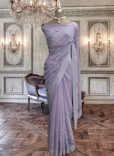 Beautiful lavender chinon georgette saree with cutwork and running blouse piece. Elegant Lavender Saree For Festive Occasions, Lavender Fitted Saree, Fitted Lavender Saree, Lavender Saree, Lavender Chiffon Saree, Lavender Ruffle Saree, Simple Saree Designs, Bridal Jewellery Inspiration, Sari Design