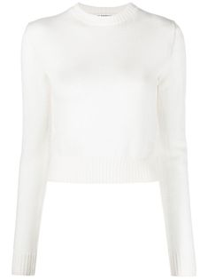 ivory white wool fine knit crew neck long sleeves ribbed edge Cream Outfit, Jil Sanders, Plain Sweaters, White Jumper, White Long Sleeve Top, Wool Jumper, Airport Fashion, Crew Neck Jumper, Kpop Outfits