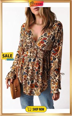 Multicolor Floral Printed Front Tie V Neck Blouse Fall Boho Print V-neck Tops, Multicolor Printed Blouse For Fall, Multicolor Bohemian Blouse For Fall, Multicolor Blouse For Vacation, Bohemian Multicolor Blouse For Fall, Printed Blouse For Fall Vacation, Bohemian Multicolor Fall Blouse, Chic Multicolor Blouse For Fall, Multicolor Boho Print Tops For Fall