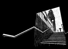 an illustration of stairs leading up to a clock tower in the distance with rain falling on them