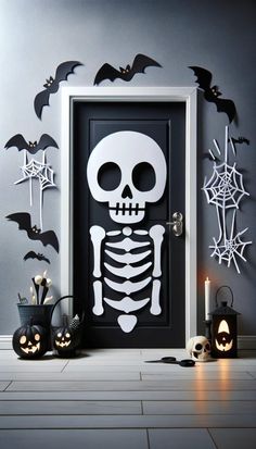 a door decorated with halloween decorations and a skeleton cut out in the front, surrounded by bats