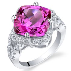 7.50 Carat Created Pink Sapphire Sterling Silver Cushion Halo Ring Sizes 5 to 9 SR11744 Sapphire Halo Ring, Jewelry Questions, Classic Solitaire Ring, Silver Cushions, Blue Topaz Bracelet, Purple Sapphire, Halo Ring, Halo Rings, Sterling Silver Earrings Studs