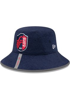 the new era bucket hat in navy with red and white stripes on the brim