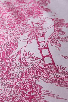 a red and white drawing of a man climbing up a ladder in the woods with flowers