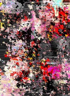 an abstract painting with red, yellow and black paint splattered on the surface