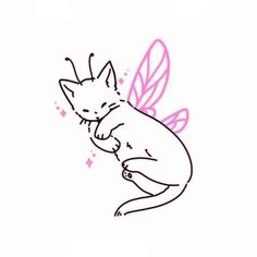 a drawing of a cat with a fairy wings on it's back, hugging its paw