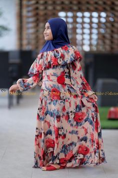 Little Zarqa Dress - Modest Collection Fitted Multicolor Long Sleeve Gown, Multicolor Fitted Long Sleeve Gown, Long Sleeve Gown With Ruffles, Fitted Long Sleeve Floral Print Gown, Elegant Multicolor Long Sleeve Gown, Mom Daughter Matching Dresses, Modest Mom, Hijab Shop, Daughter Dress