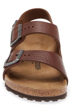 An adjustable strap hugs the heel of a dapper leather walking sandal with a contoured cork footbed providing excellent support and comfort. Contoured footbed with arch support Leather upper and lining/rubber sole Made in Germany Walking Sandals, Wedding Sandals, Birkenstock Milano, Slingback Sandal, Mens Sandals, Arch Support, Birkenstock, Rubber Sole, Cork