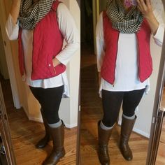 Outfit With Vest, Red Shirt Outfits, Gray Leg Warmers, Family Portrait Outfits, Plaid Shirt Outfits, Red And Black Outfits