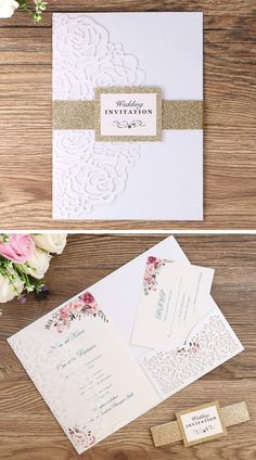 the wedding stationery is laid out on a wooden table