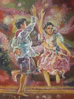 an oil painting of two people dancing in front of a flowery background, with one holding the other's hand