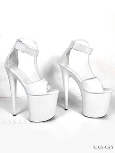 Lasaky - Premium Quality Open Toe Stiletto Heel Stripper Shoes - Elegant White PU Leather Pole Dance Sandals with Ankle Strap and Sky High Heel Open Toe Leather Wedding Shoes For Party, Leather Open Toe Wedding Shoes For Party, Leather Open Toe Wedding Shoes, White Platform Sandals For Party, Ankle-high Platform Sandals For Formal Occasions, Formal Ankle-high Platform Sandals, Synthetic Ankle Strap Wedding Shoes With Heel Strap, White Sandals With Heel Loop For Party, White Party Sandals With Heel Loop