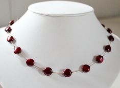 "This beautiful red coin pearl statement necklace is handcrafted by me. Perfect Mothers Day gift from husband or 30th anniversary gift for wife! Lovingly hand knotted by me using beige silk cord. It is very elegant and light weight to wear. I knot between each ruby/maroon colored coin pearl to achieve a floating effect. The coin pearls are approximately 9mm in size. The length is approximately 18\". These coin pearls have a very nice luster to them. The clasp and jump ring are sterling silver. P Red Pearl Necklace Gift, Elegant Red Pearl Necklace Gift, Handmade Red Necklaces For Anniversary, Handmade Adjustable Pearl Necklace For Anniversary, Elegant Red Round Pearl Necklace, Adjustable Red Pearl Necklace Gift, Handmade Adjustable Red Pearl Necklace, Adjustable Handmade Red Pearl Necklace, 30th Anniversary Gifts