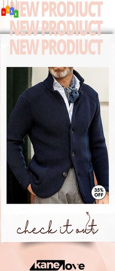 Men Casual Stand Collar Long Sleeve Knitted Cardigan Casual Fitted Knitted Sweater Coat, Casual Winter Cardigan With Ribbed Cuffs, Classic Knitted Long Sleeve Outerwear, Fitted Casual Sweater Coat With Buttons, Casual Fitted Sweater Coat With Buttons, Classic Long Sleeve Cardigan For Winter, Classic Long Sleeve Winter Cardigan, Casual Fitted Cardigan For Cold Weather, Fitted Casual Sweater Coat With Button Closure