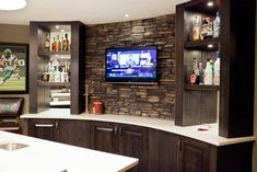 a bar with a television mounted on the wall